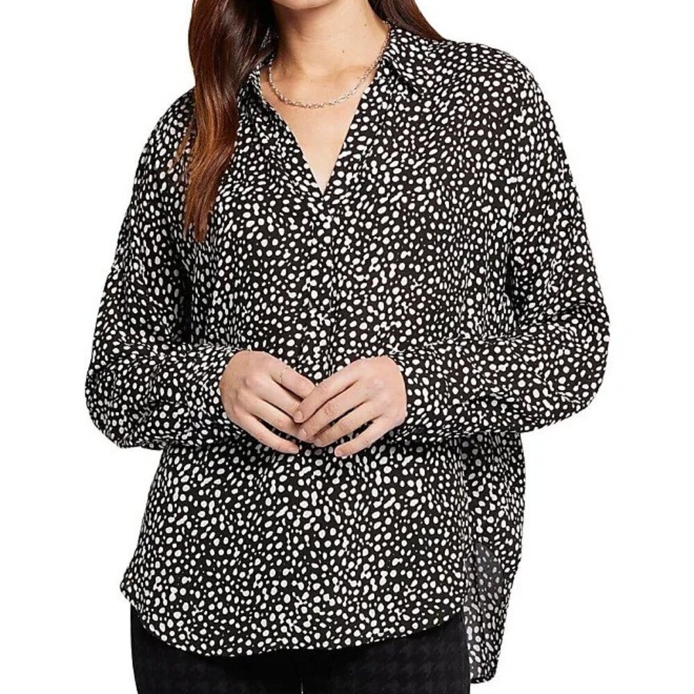 NYDJ Jeans Womens Becky Blouse Top Size M Black White Collar V-Neck